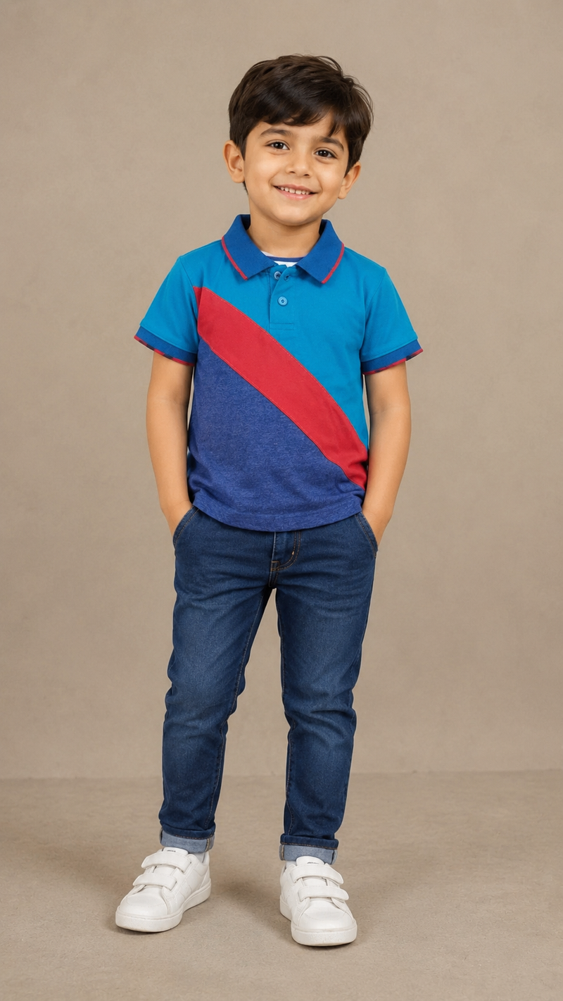 Kids Color Block Polo T-Shirt – Blue & Red - M01