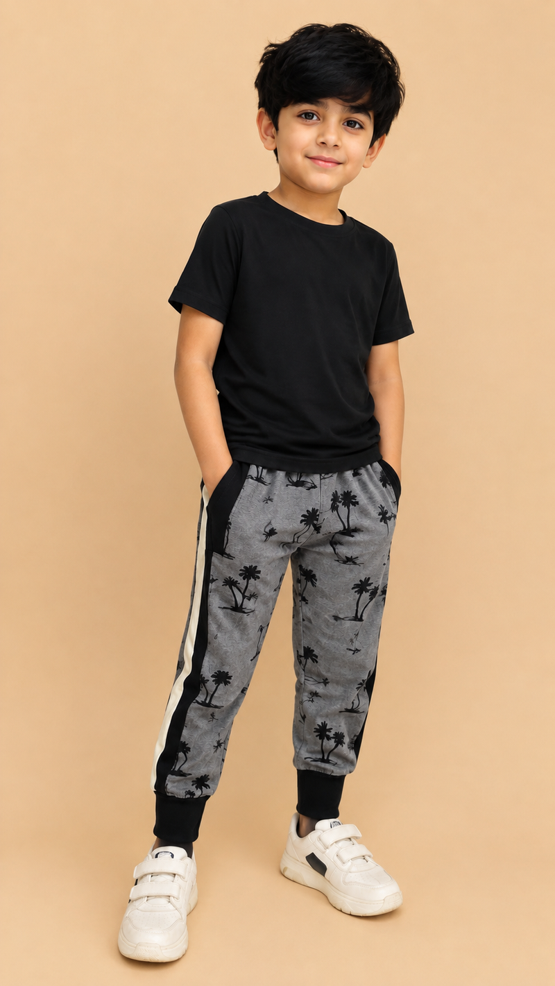 Kids Printed Jogger Pants with Side Stripe – Grey & Black na18
