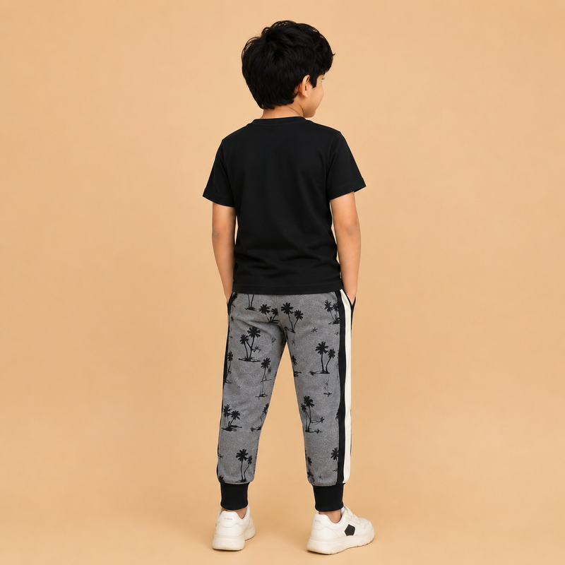Kids Printed Jogger Pants with Side Stripe – Grey & Black na18