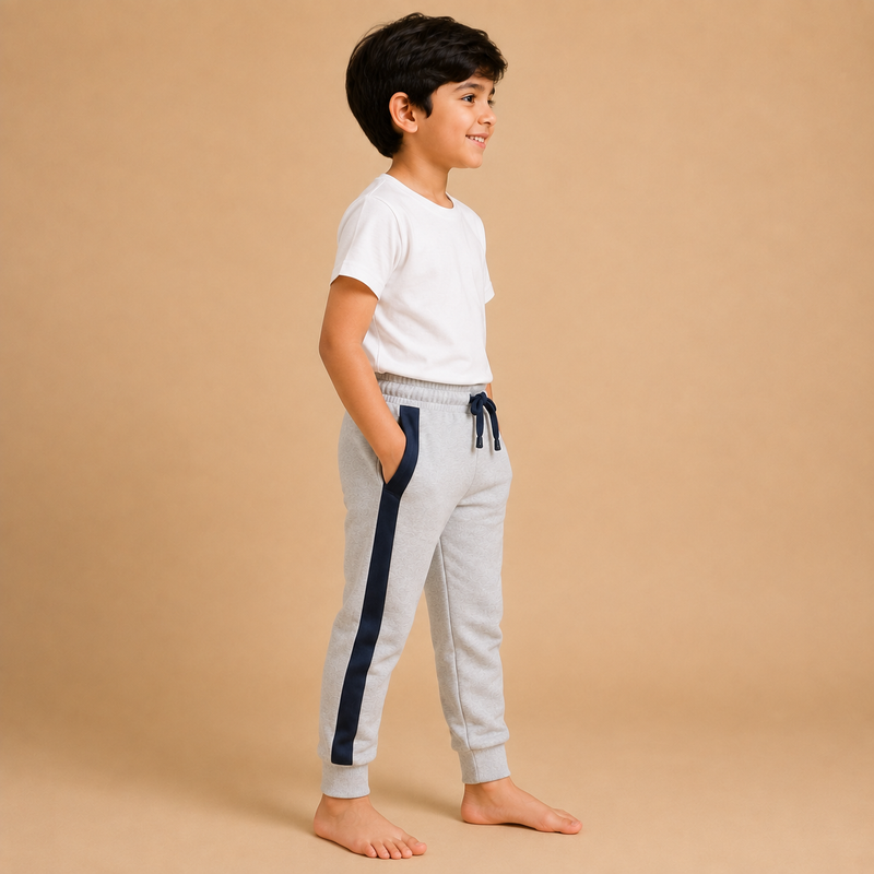 : Kids Grey Jogger Pants with Navy Side Stripe – Casual Sports Trouser na14