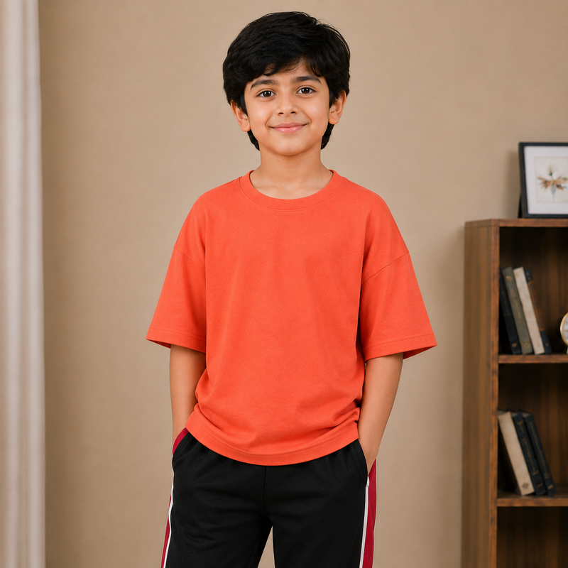 Kids Oversized Down Shoulder T-Shirt – Coral Orange na1