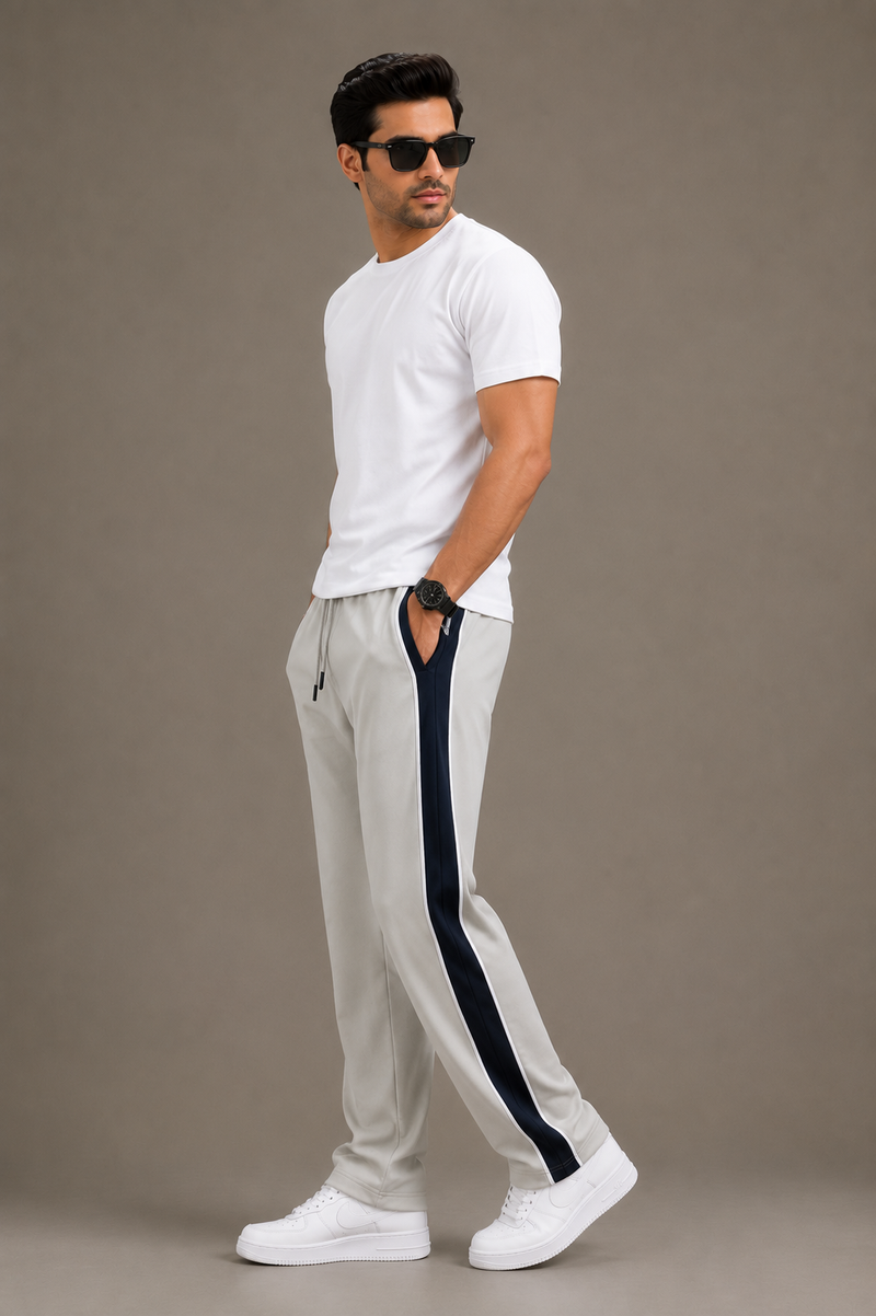 Stylish Regular Fit Summer Trouser For Men-Cream With Navy & White Stripers-A10