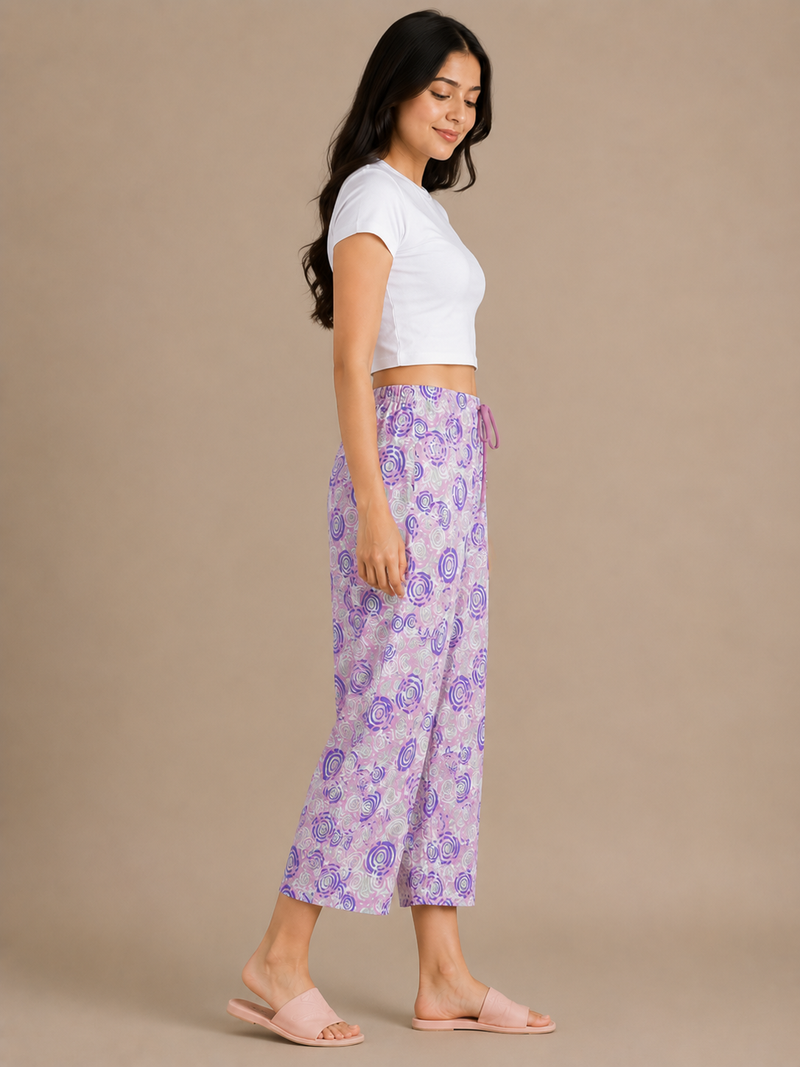 Women's Printed Cotton Palazzo Pants – Lavender Floral Lounge Trousers gty65