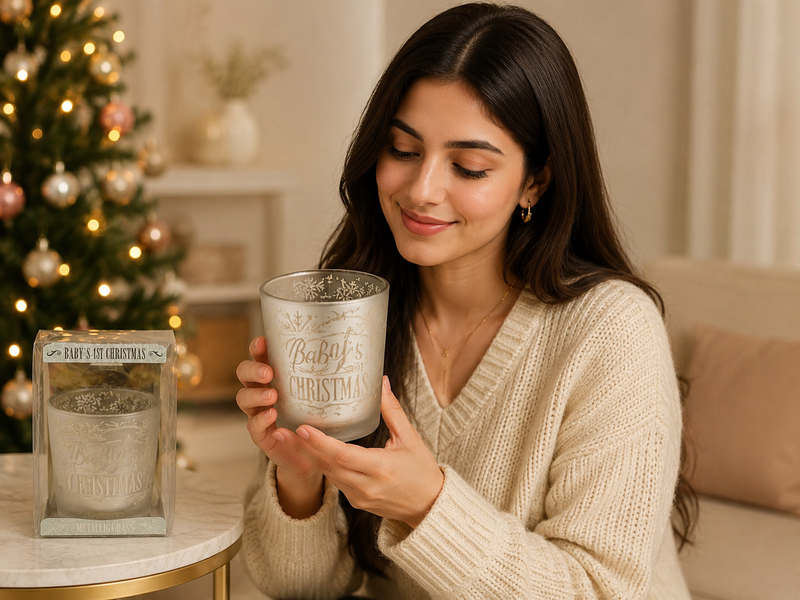 Baby's 1st Christmas Frosted Glass Candle Holder – Decorative Christmas Gift with Gift Box