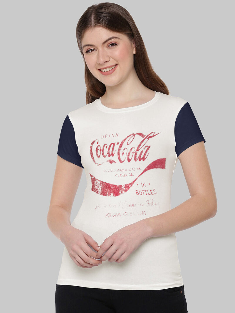 Coca Cola Crew Neck Tee Shirt For Ladies-Off White With Print-BR13909
