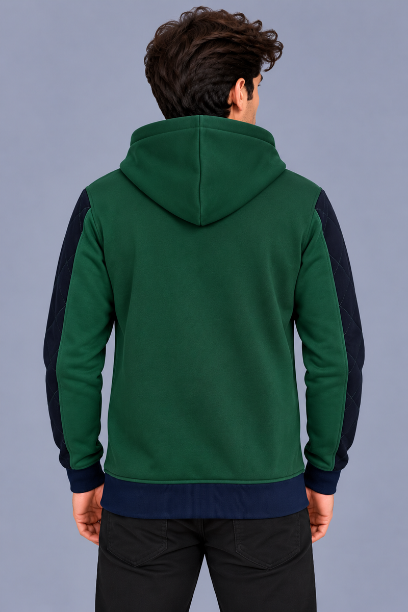 Premium Forest Green & Navy Quilted Color Block Zip-Up Hoodie-MU35