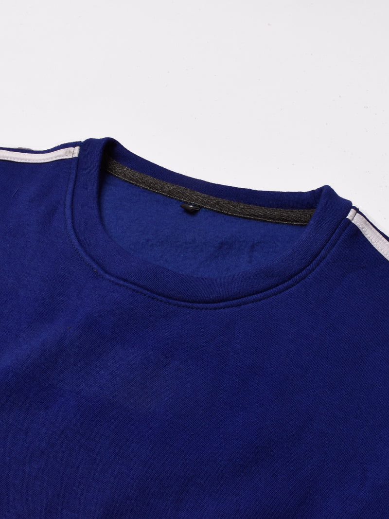 Premium Quality Crew Neck Fleece Sweatshirt For Men-Royal Blue With White Stripes-RT1554