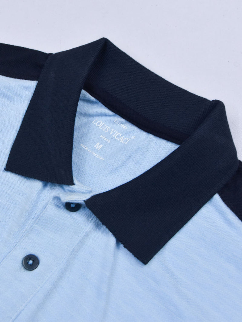 Summer Polo Shirt For Men-White with Sky Lining & Navy-BR13051