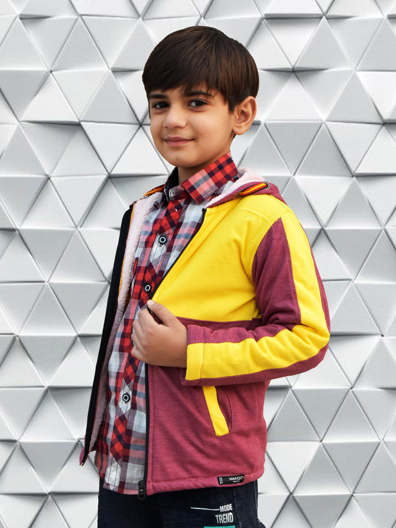 Mango Stylish Inner Fur Zipper Hoodie For Kids-Yellow & Burgundy-BR561