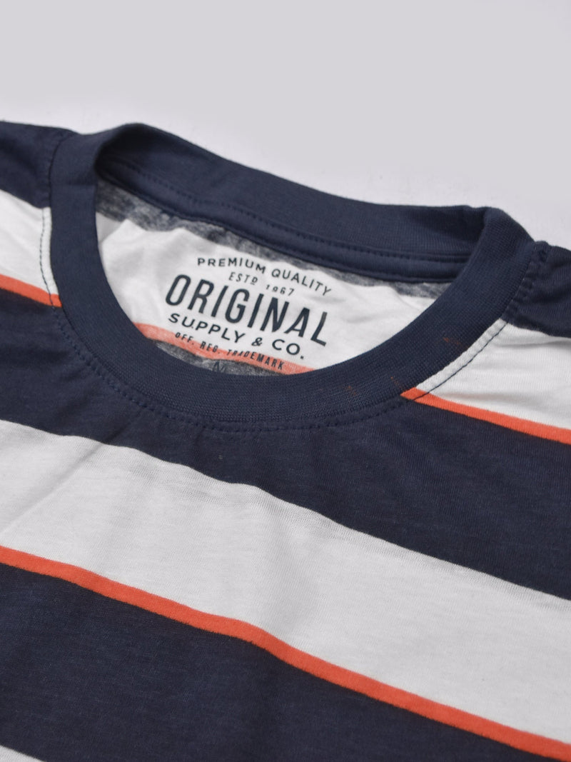 Nxt Single Jersey Crew Neck Tee Shirt For Men-White with Navy Stripe-BR13207
