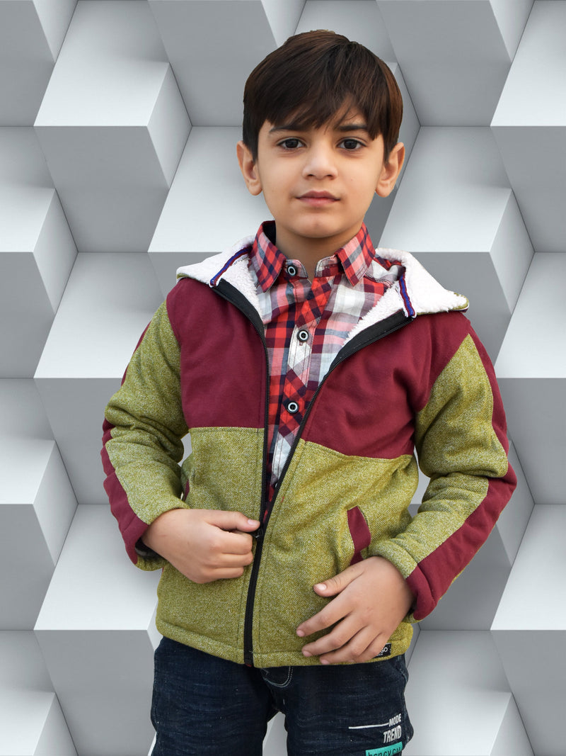 Mango Stylish Inner Fur Zipper Hoodie For Kids-Green Melange & Burgundy-BR957