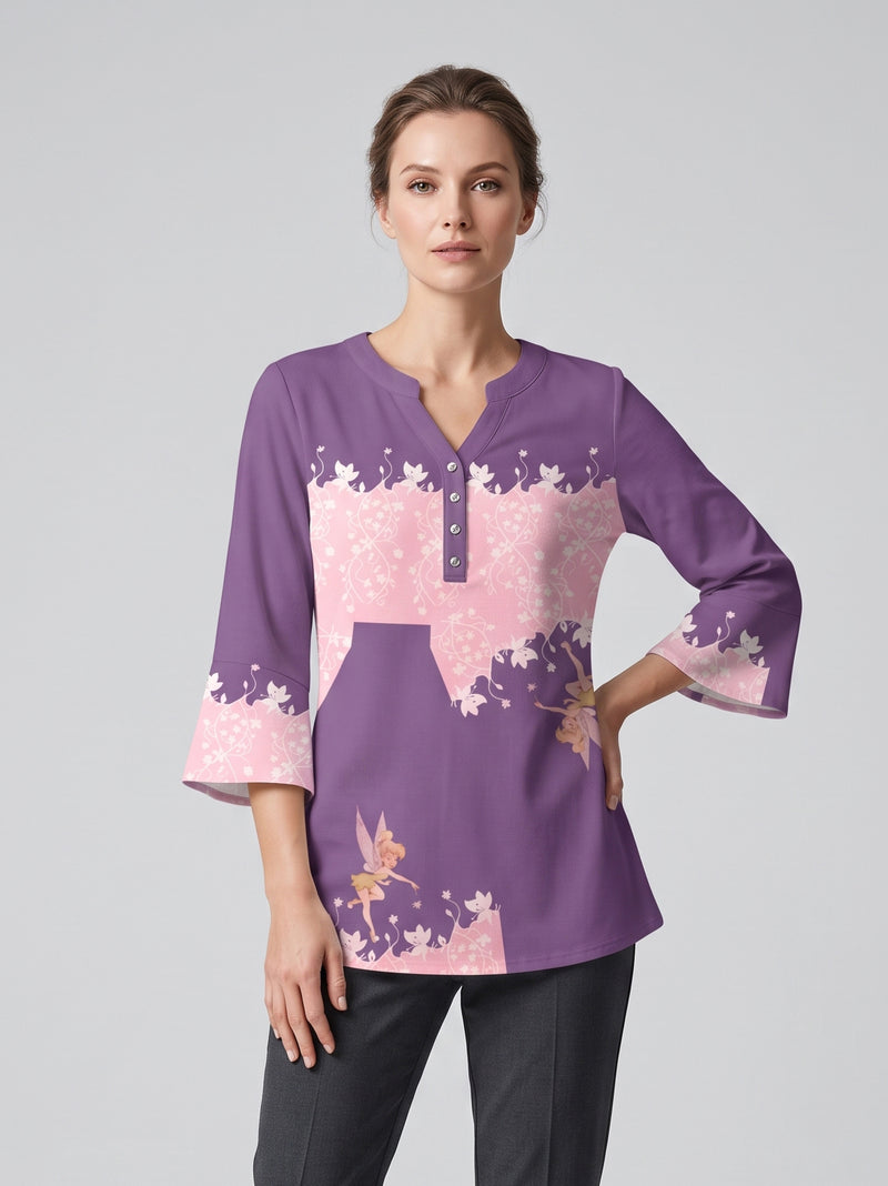 Louis Vicaci Butterfly Sleeve 4 Sided Lycra Ban Top For Ladies-Dark Purple with Fairy Print-BR722