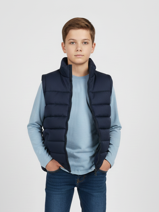 Stylish Sleeveless Winter Zipper Mockneck Jacket For Kids-Dark Navy-RSJ01