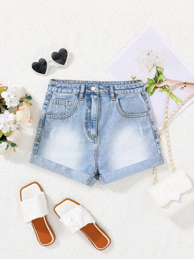 Girl Wear Short For Girls-Sky with DirtyWash Faded Grinding-BR13529