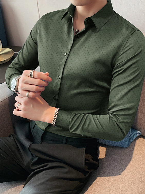 Louis Vicaci Super Stretchy Slim Fit Long Sleeve Summer Formal Casual Shirt For Men-Olive-RT2516