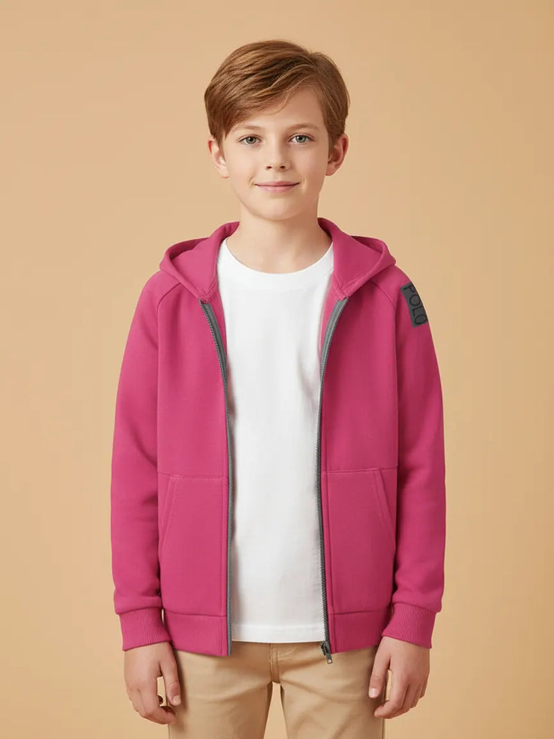 Nyc Polo Fleece Zipper Hoodie For Kids-Pink with Navy Panels-BE2777