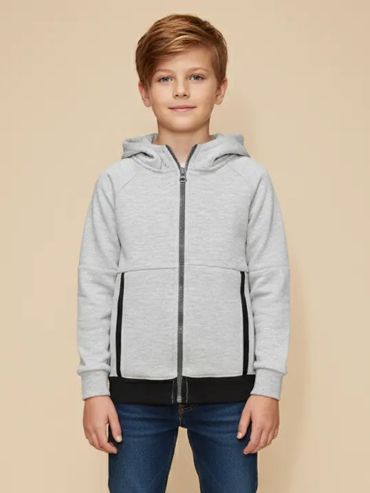 NXT Terry Fleece Full Zipper Hoodie For Kids-Grey Melange with Black Panels-BE2404/BR14476