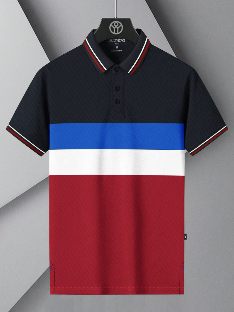 Summer Active Wear Polo Shirt For Men-Dark Navy with Red & White, Blue Panels-BR13556
