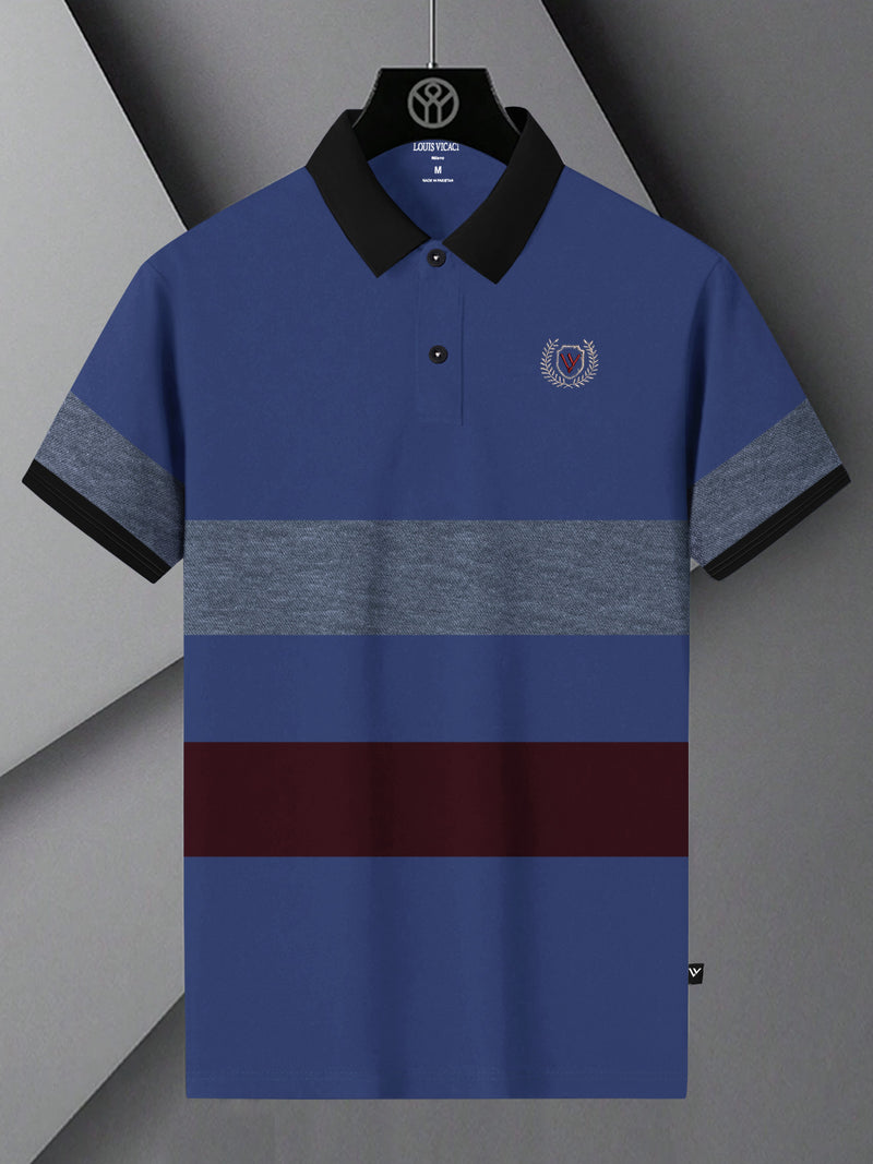 Summer Polo Shirt For Men-Blue with Maroon & Navy Melange Panel-BR13077