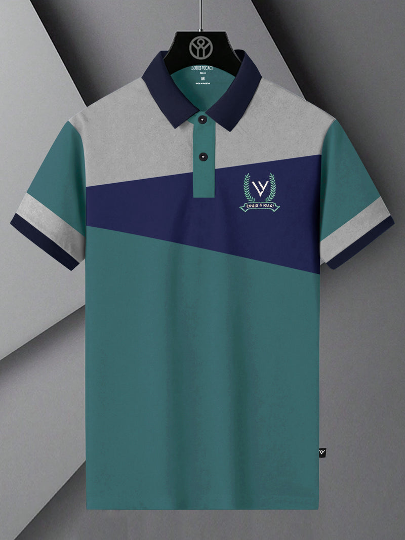 Summer Polo Shirt For Men-Cyan Green with Blue & Grey Panel-BR13073