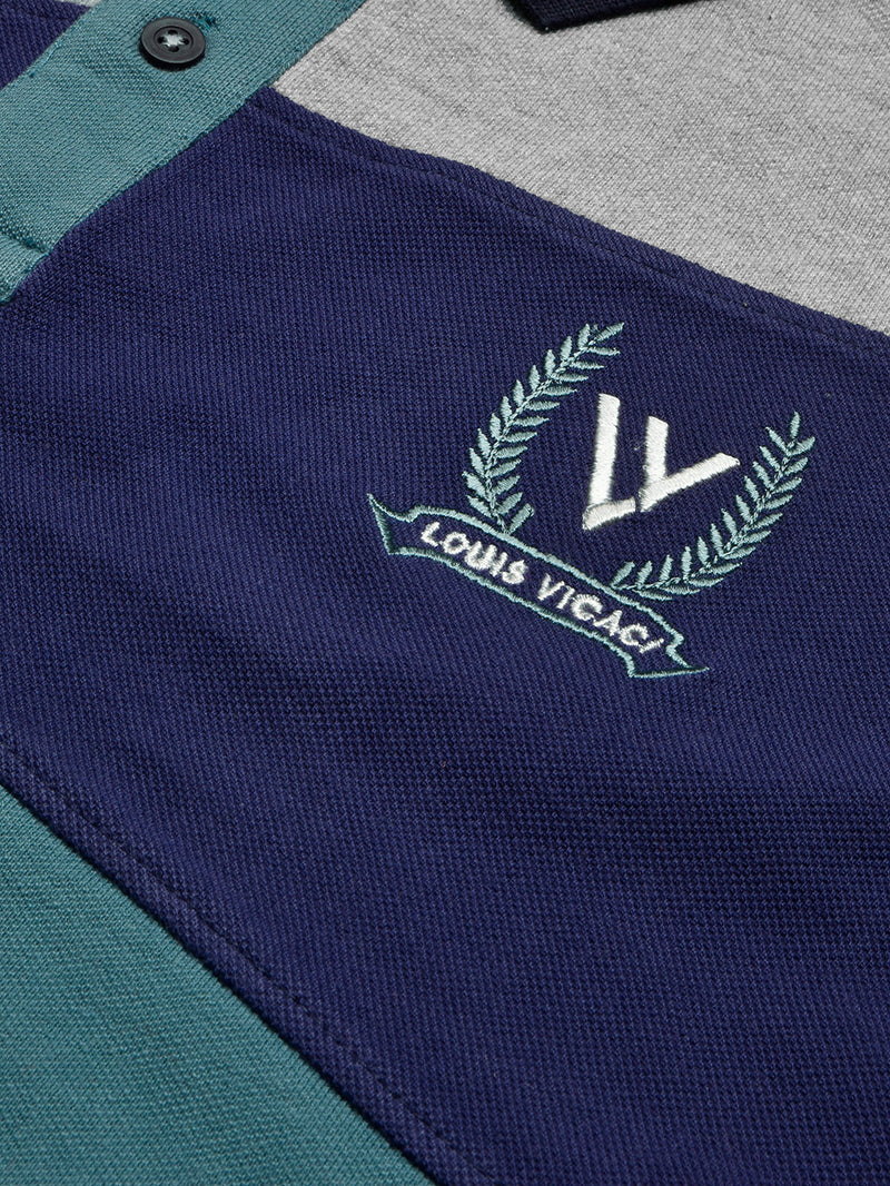Summer Polo Shirt For Men-Cyan Green with Blue & Grey Panel-BR13073