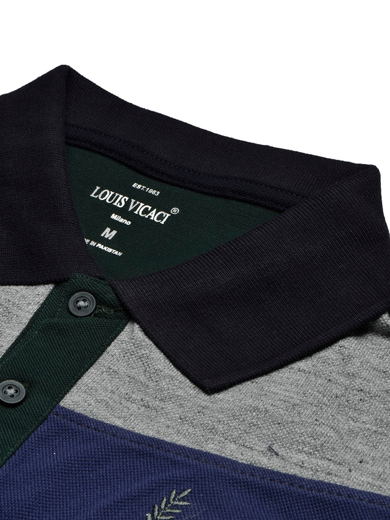 Summer Polo Shirt For Men-Dark Green with Blue & Grey Melange Panel-BR13072