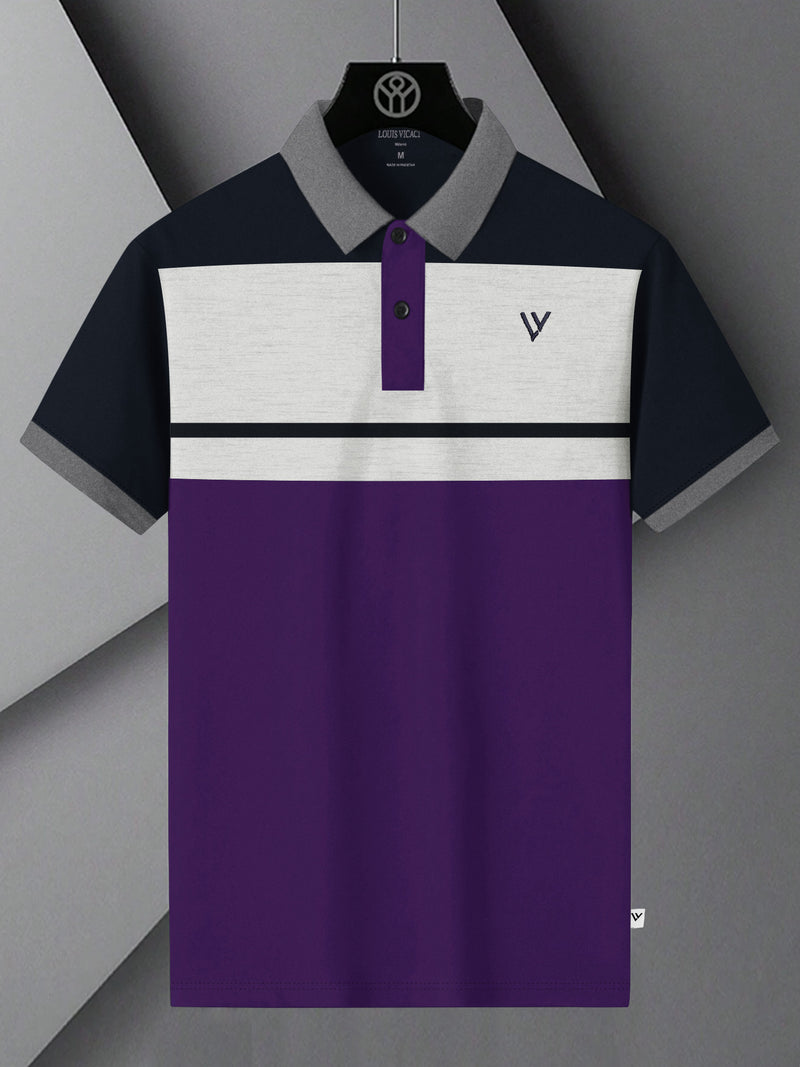 Summer Polo Shirt For Men-Dark Purple with Navy & Off White Melange Panel-BR13114