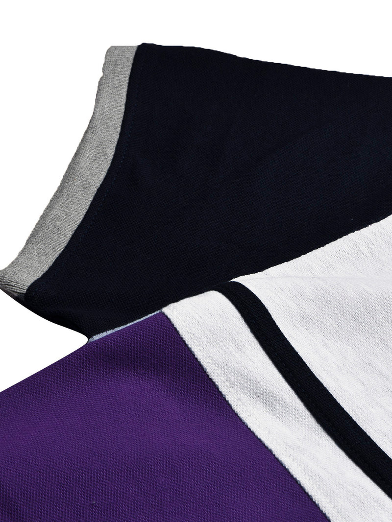 Summer Polo Shirt For Men-Dark Purple with Navy & Off White Melange Panel-BR13114