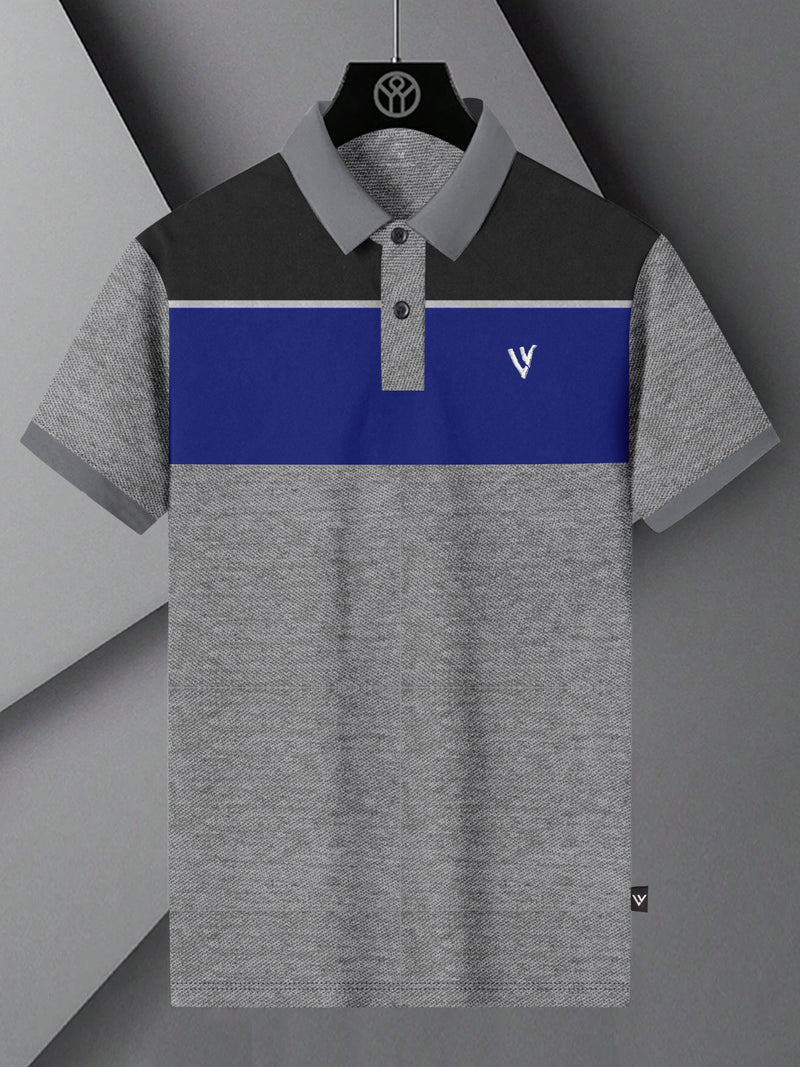 Summer Polo Shirt For Men-Grey Melange with Charcoal & Blue Panel-BR13060