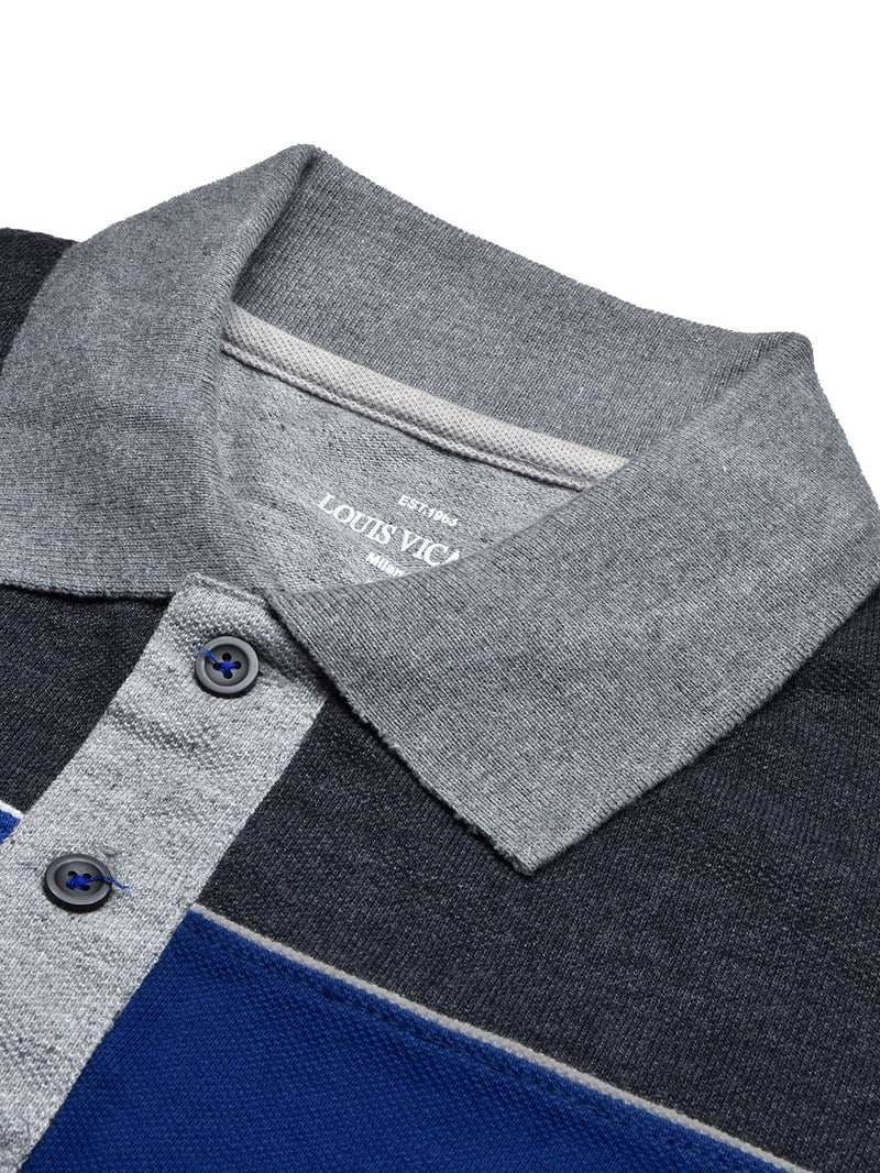 Summer Polo Shirt For Men-Grey Melange with Charcoal & Blue Panel-BR13060