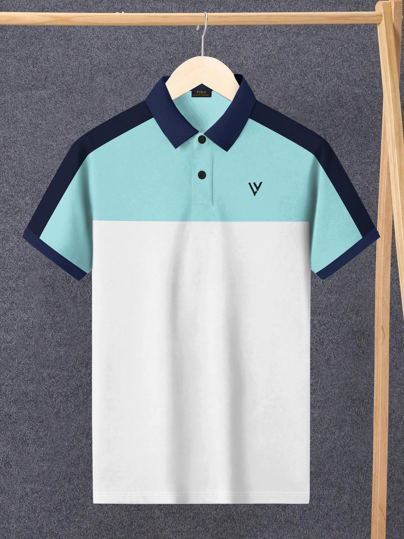 Summer Polo Shirt For Men-Light Cyan Green & White-BR13018