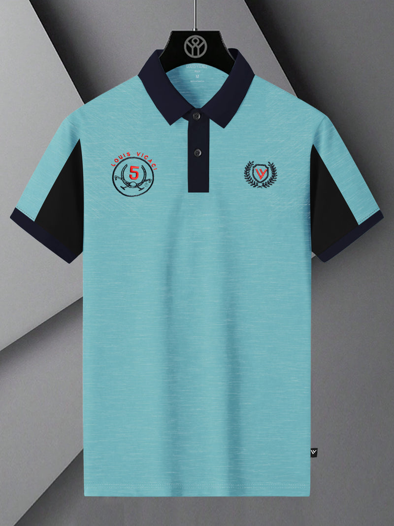 Summer Polo Shirt For Men-Light Cyan Melange & Dark Navy-BR13089