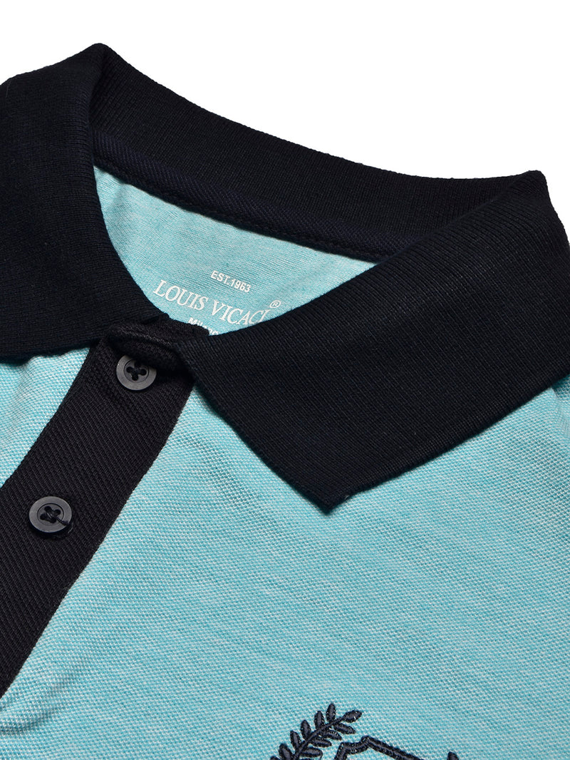 Summer Polo Shirt For Men-Light Cyan Melange & Dark Navy-BR13089