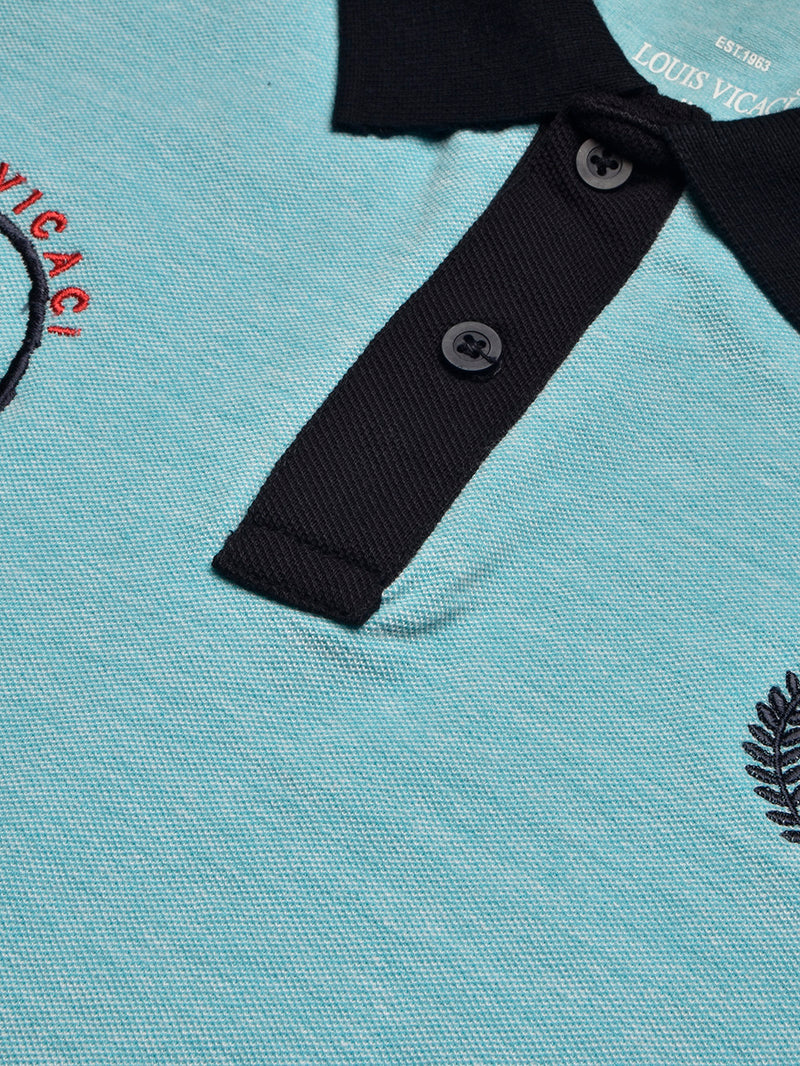 Summer Polo Shirt For Men-Light Cyan Melange & Dark Navy-BR13089