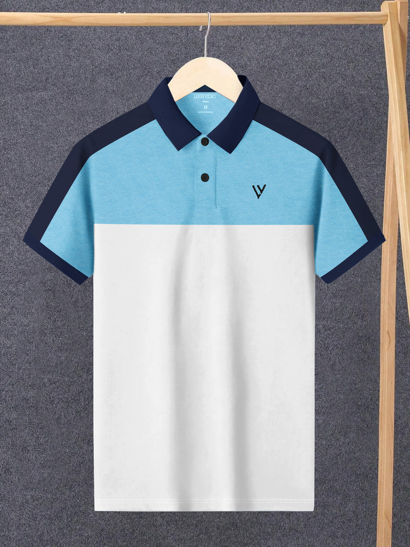 Summer Polo Shirt For Men-White with Sky & Navy Panel-BR13075
