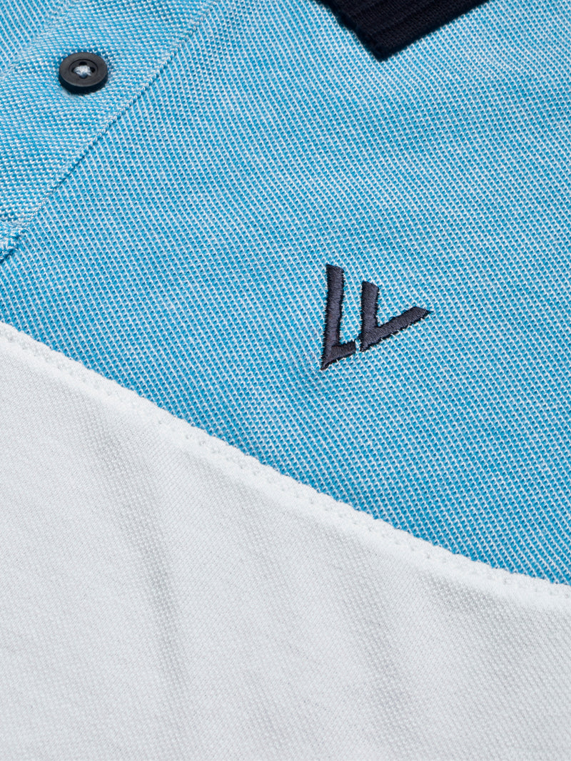 Summer Polo Shirt For Men-White with Sky & Navy Panel-BR13075