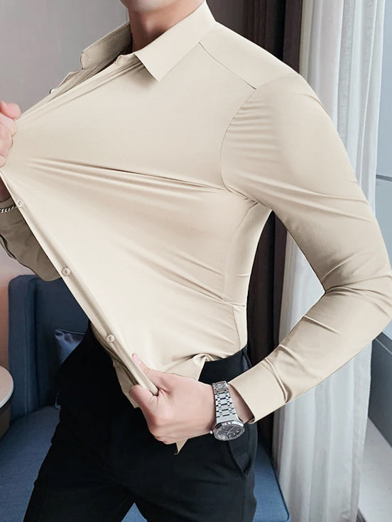 Louis Vicaci Super Stretchy Slim Fit Long Sleeve Summer Formal Casual Shirt For Men-Beige-BR13412