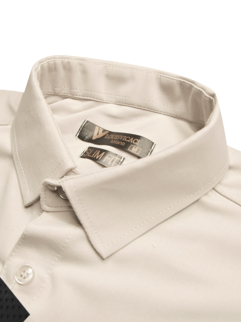 Louis Vicaci Super Stretchy Slim Fit Long Sleeve Summer Formal Casual Shirt For Men-Beige-BR13412