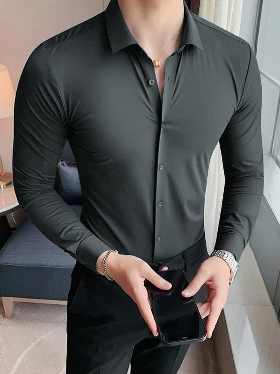 Louis Vicaci Super Stretchy Slim Fit Long Sleeve Summer Formal Casual Shirt For Men-Dark Grey-BR14950