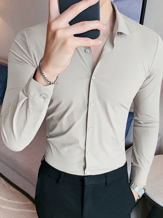 Louis Vicaci Super Stretchy Slim Fit Long Sleeve Summer Formal Casual Shirt For Men-Wheat-BR13346