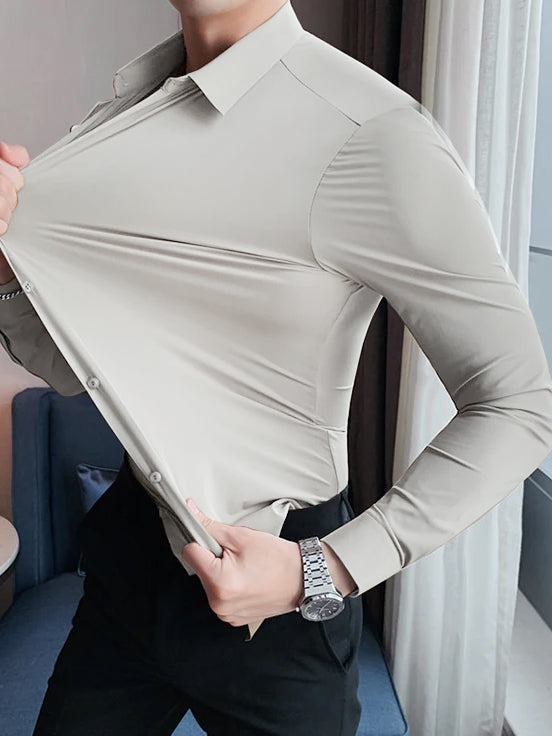Louis Vicaci Super Stretchy Slim Fit Long Sleeve Summer Formal Casual Shirt For Men-Wheat-BR13346