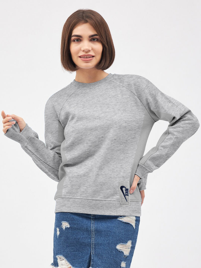 NK Terry Fleece Crew Neck Sweatshirt For Ladies-Grey Melange-BR12915