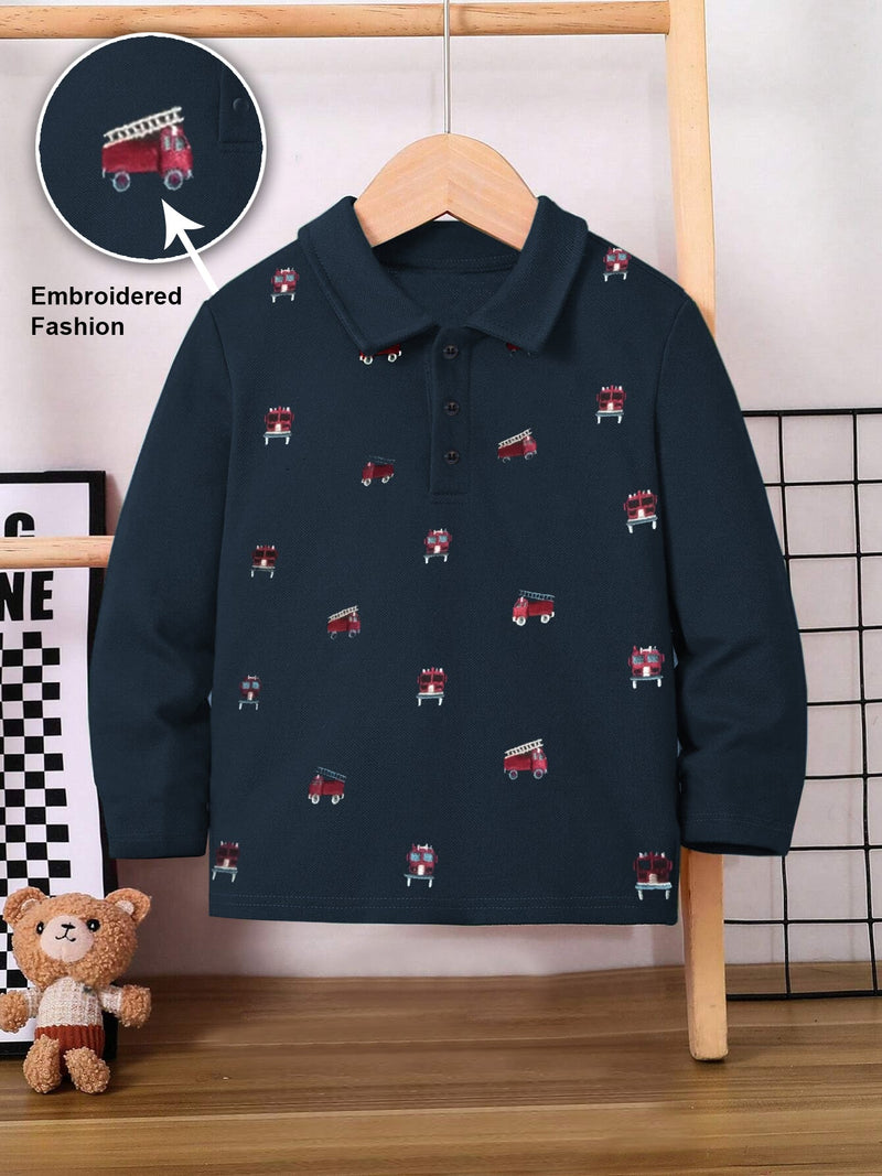 NXT P.Q Long Sleeve Polo Shirt For Kids-Prussian Blue with Embroidered-BR14762