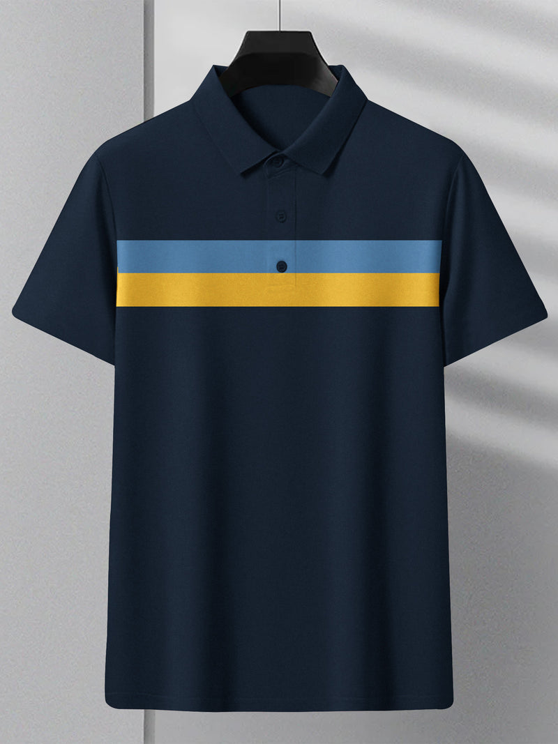 NXT Summer Polo Shirt For Men-Dark Navy With Yellow & Sky Stripe-BR12962