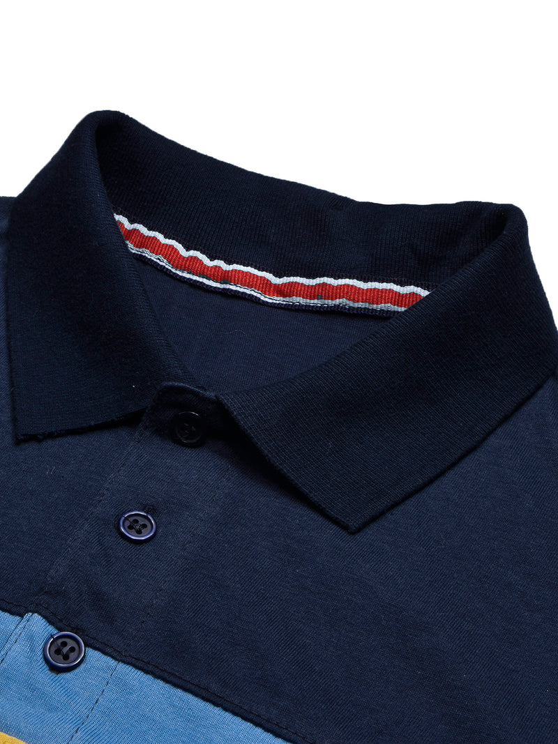 NXT Summer Polo Shirt For Men-Dark Navy With Yellow & Sky Stripe-BR12962