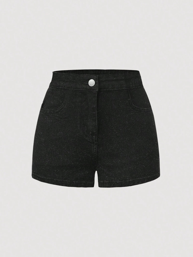 Next Cotton Denim Short For Girls-Black with Glitter-BR13528