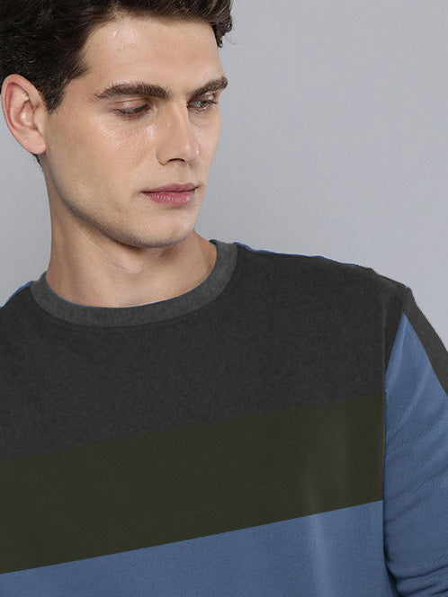 OXBOW Fleece Sweatshirt For Men-Blue with Olive & Charcoal Panel-BR14643