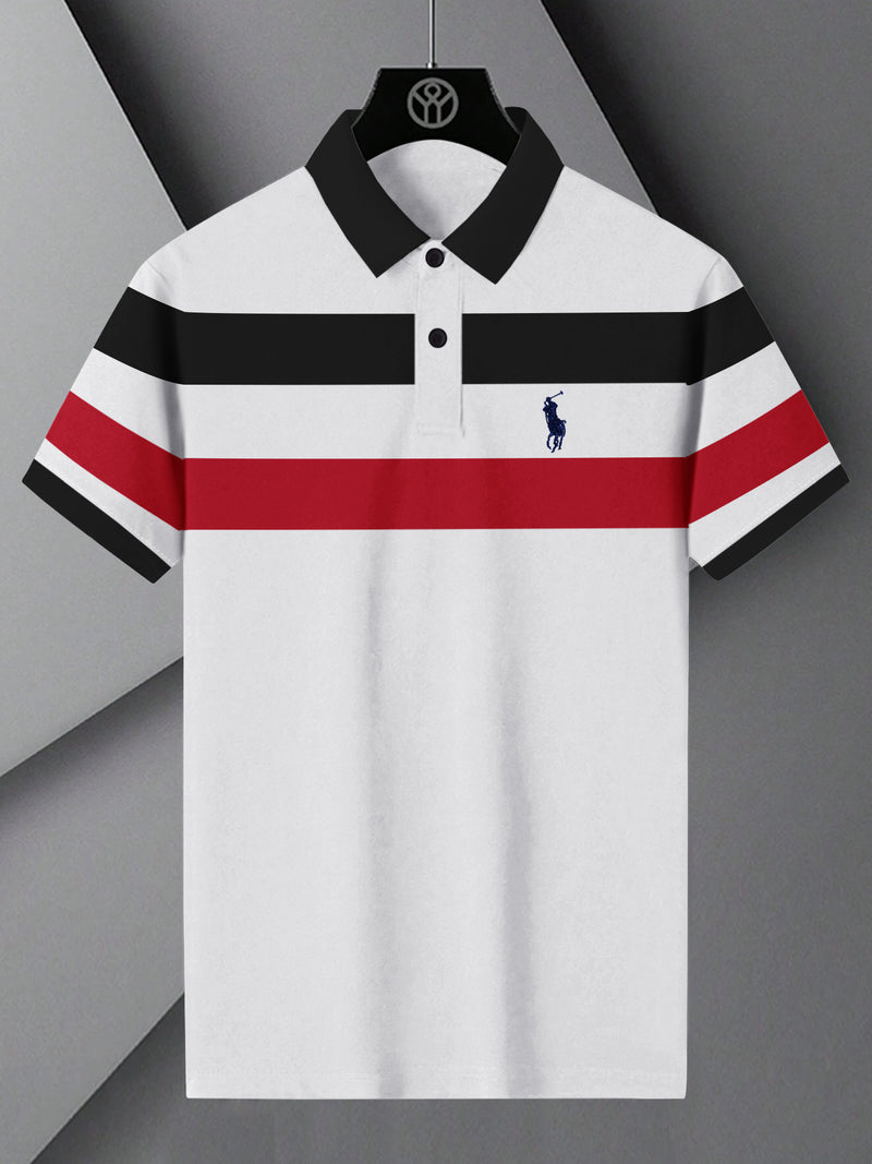 PRL Summer Polo Shirt For Men-White with Red & Black Panel-BR13107