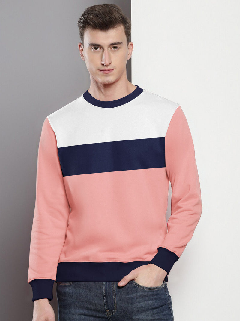 PYPR Fleece Sweatshirt For Men-Light Pink with White & Navy Panels-BR14619