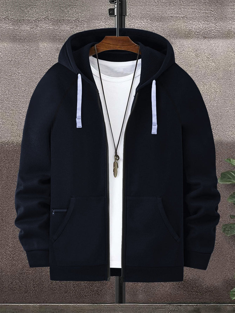 PYPR Terry Fleece Raglan Sleeve Zipper Hoodie For Men-Navy-BR14144